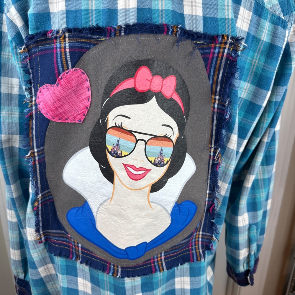 Eddie Bauer Upcycled Snow White Plaid Flannel Shirt Blue XXL Custom Disney Patch